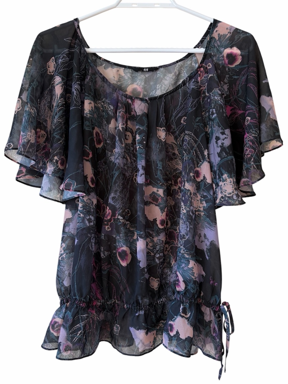 H&M Floral Semi Sheer Peplum Blouse Ruffle Sleeve Drawstring Fairycore Romantic